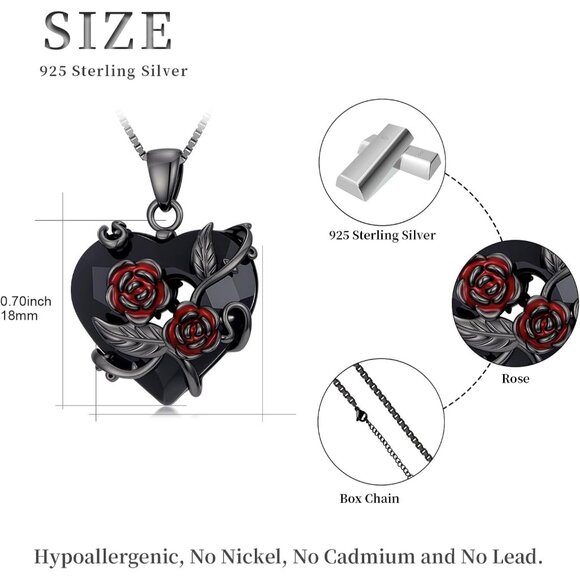 Gothic Black Rose Necklace for Women Men Sterling Silver with Crystals - Picture 4 of 7